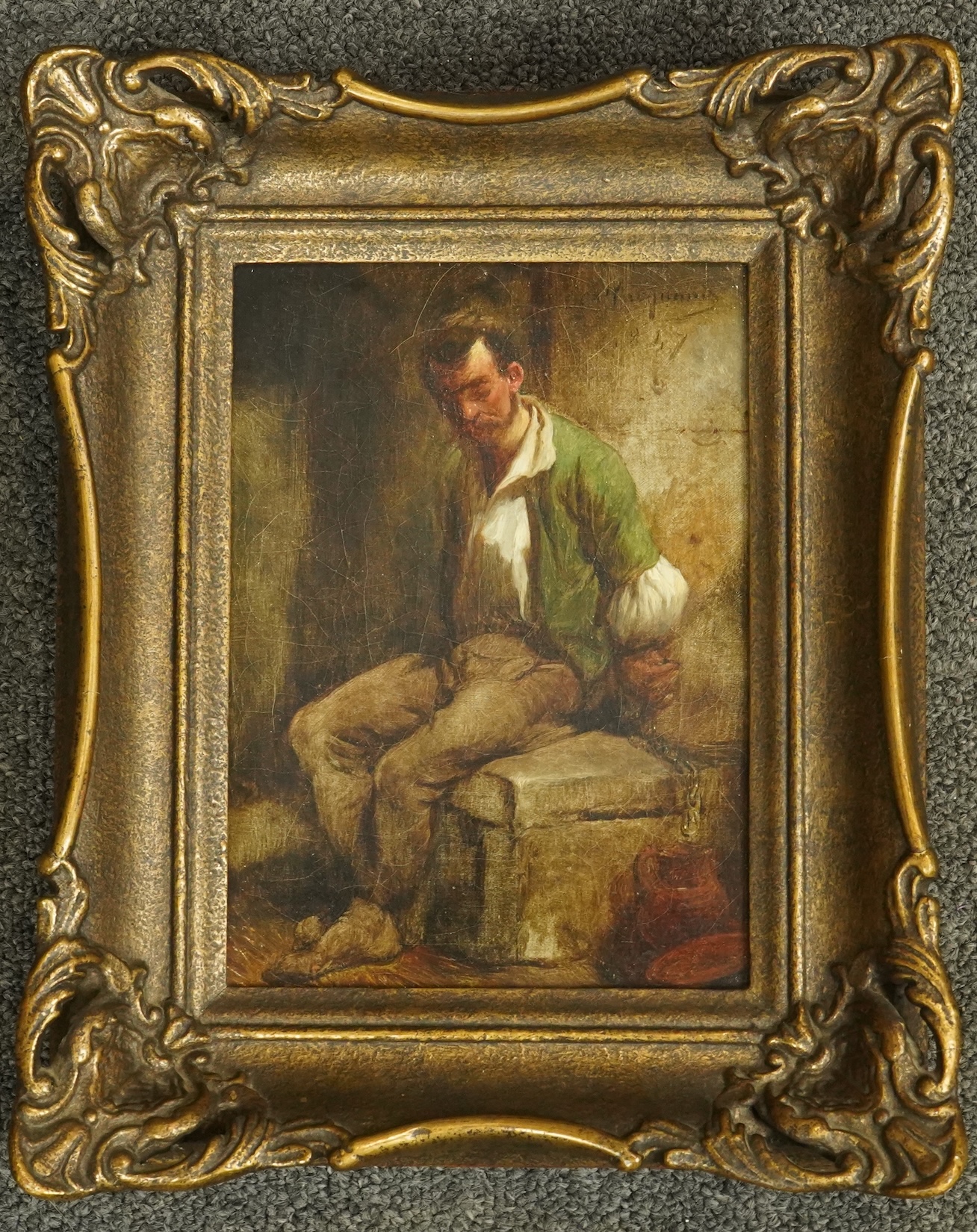 19th century French School, Seated prisoner in a cell, oil on canvas, 18 x 12.5cm